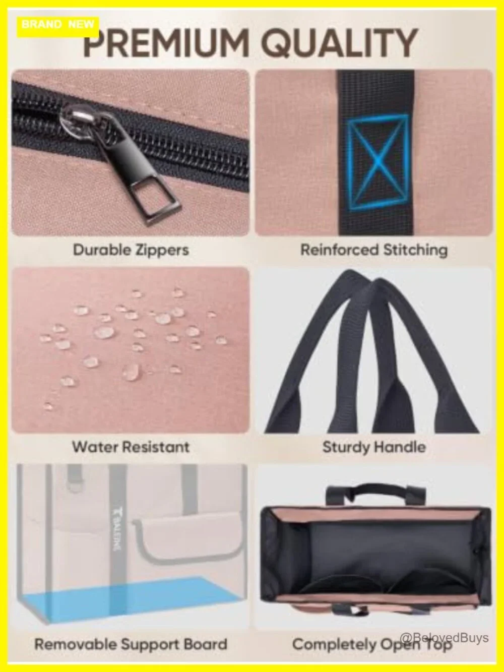 Large Utility Tote Bag with Reinforced Bottom, Multi Pockets Foldable